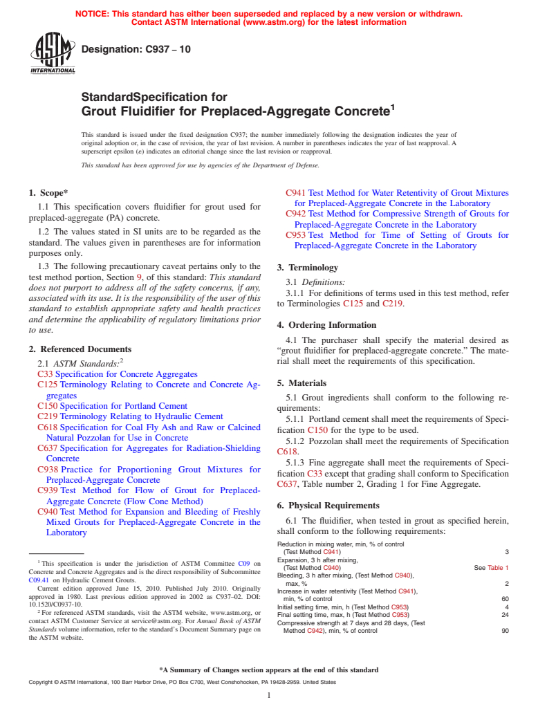 ASTM C937-10 - Standard Specification for  Grout Fluidifier for Preplaced-Aggregate Concrete