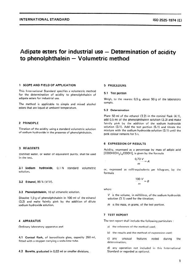 ISO 2525:1974 - Adipate esters for industrial use -- Determination of acidity to phenolphthalein -- Volumetric method