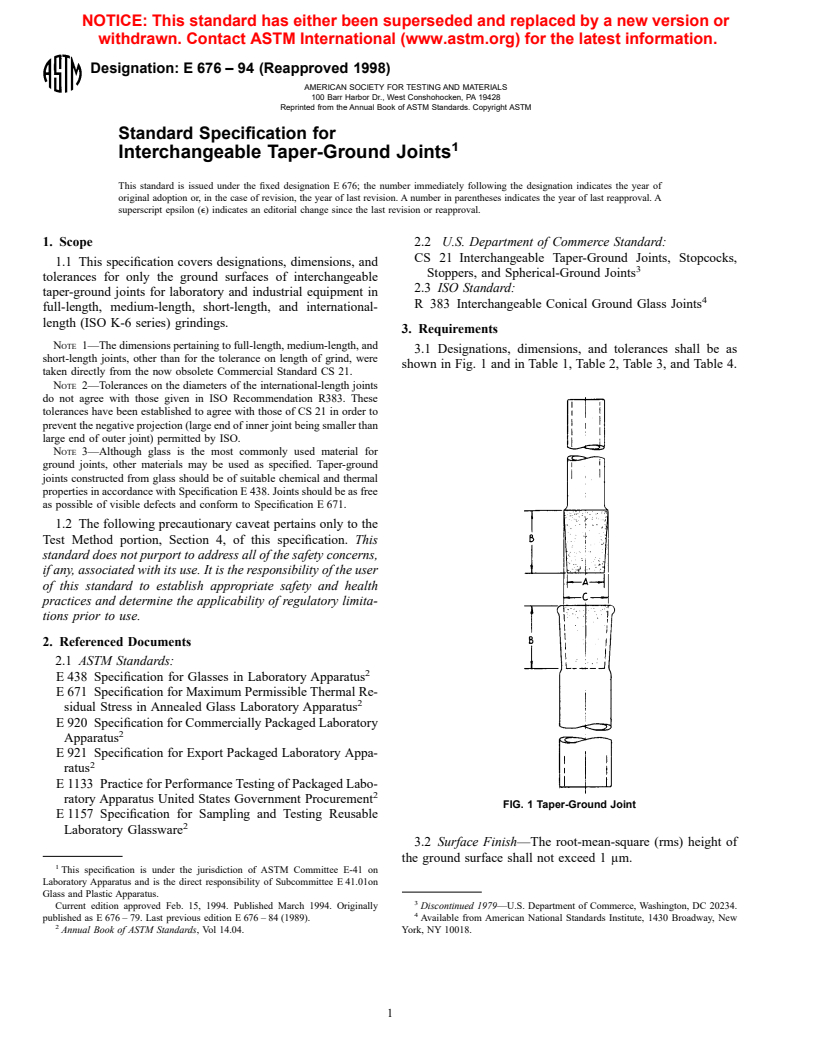 ASTM E676-94(1998) - Standard Specification for Interchangeable Taper-Ground Joints