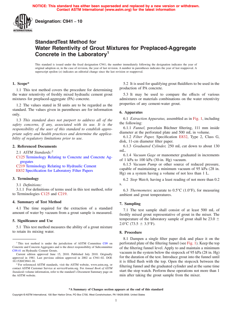 ASTM C941-10 - Standard Test Method for Water Retentivity of Grout Mixtures for Preplaced-Aggregate Concrete in the Laboratory