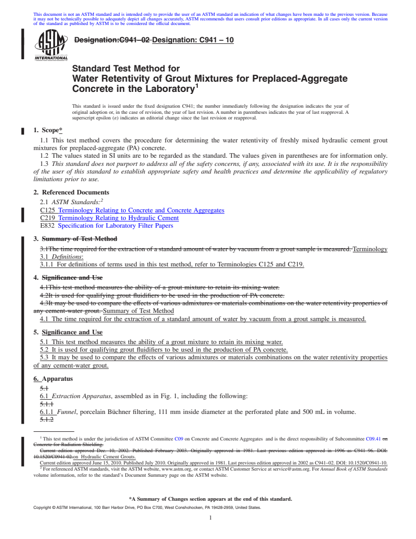 REDLINE ASTM C941-10 - Standard Test Method for Water Retentivity of Grout Mixtures for Preplaced-Aggregate Concrete in the Laboratory