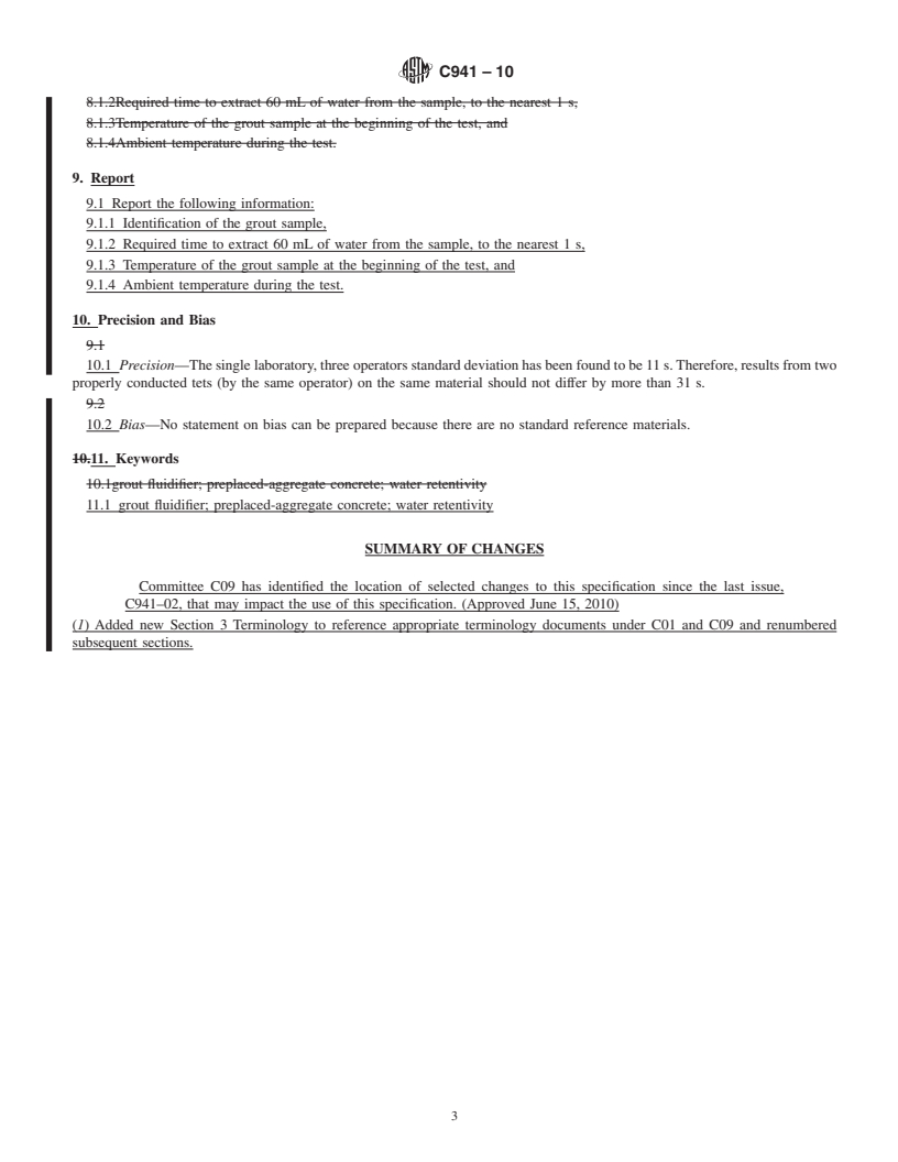 REDLINE ASTM C941-10 - Standard Test Method for Water Retentivity of Grout Mixtures for Preplaced-Aggregate Concrete in the Laboratory