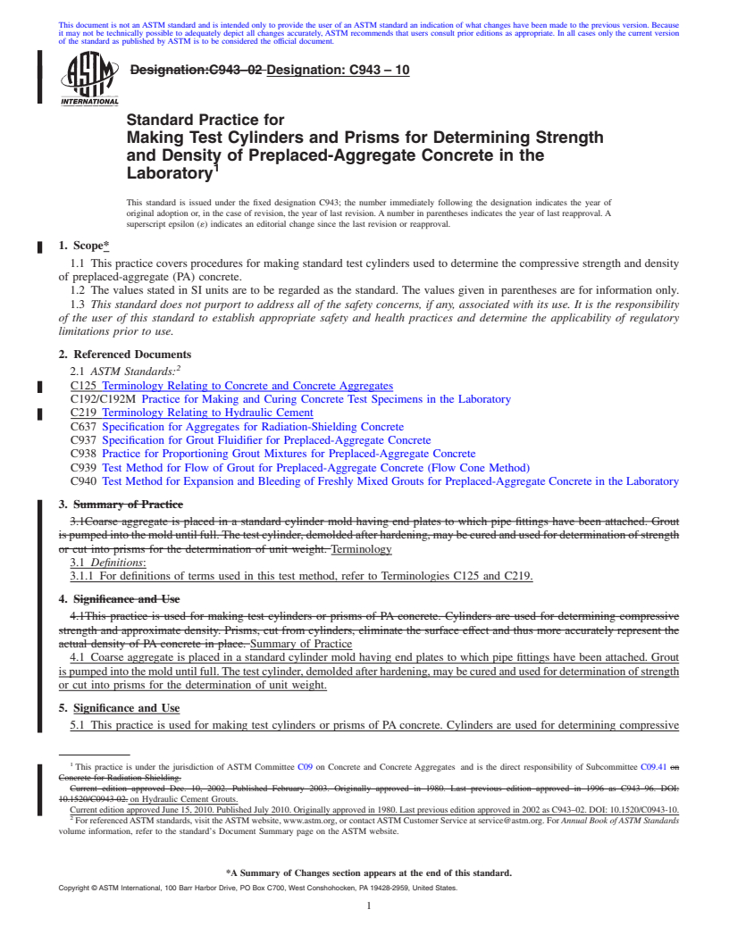 REDLINE ASTM C943-10 - Standard Practice for Making Test Cylinders and Prisms for Determining Strength and Density of Preplaced-Aggregate Concrete in the Laboratory