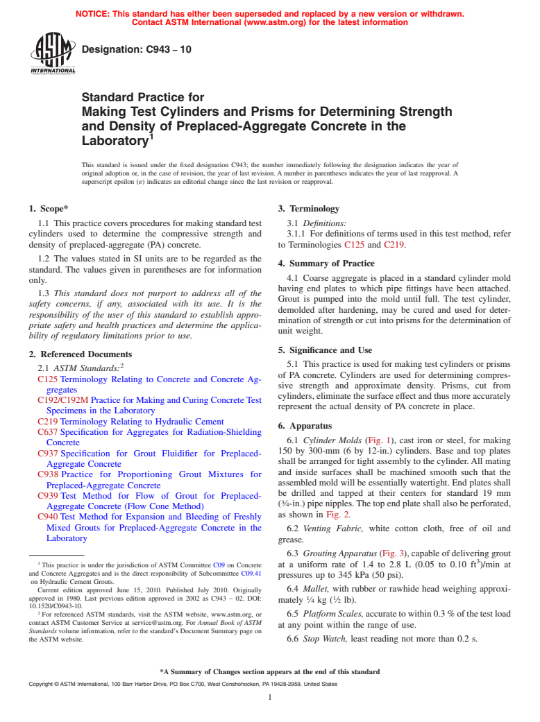 ASTM C943-10 - Standard Practice for Making Test Cylinders and Prisms for Determining Strength and Density of Preplaced-Aggregate Concrete in the Laboratory