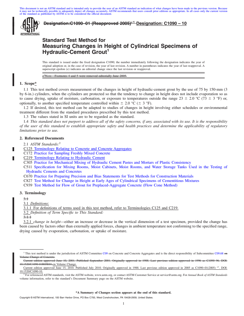 REDLINE ASTM C1090-10 - Standard Test Method for Measuring Changes in Height of Cylindrical Specimens of Hydraulic-Cement Grout