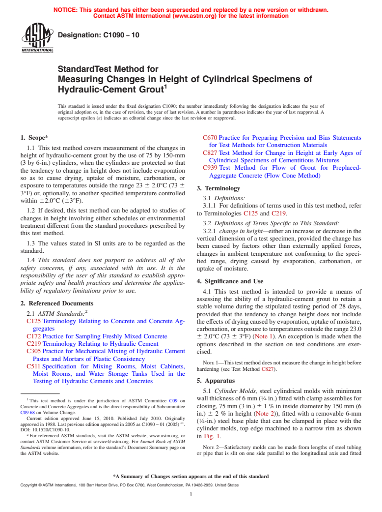 ASTM C1090-10 - Standard Test Method for Measuring Changes in Height of Cylindrical Specimens of Hydraulic-Cement Grout