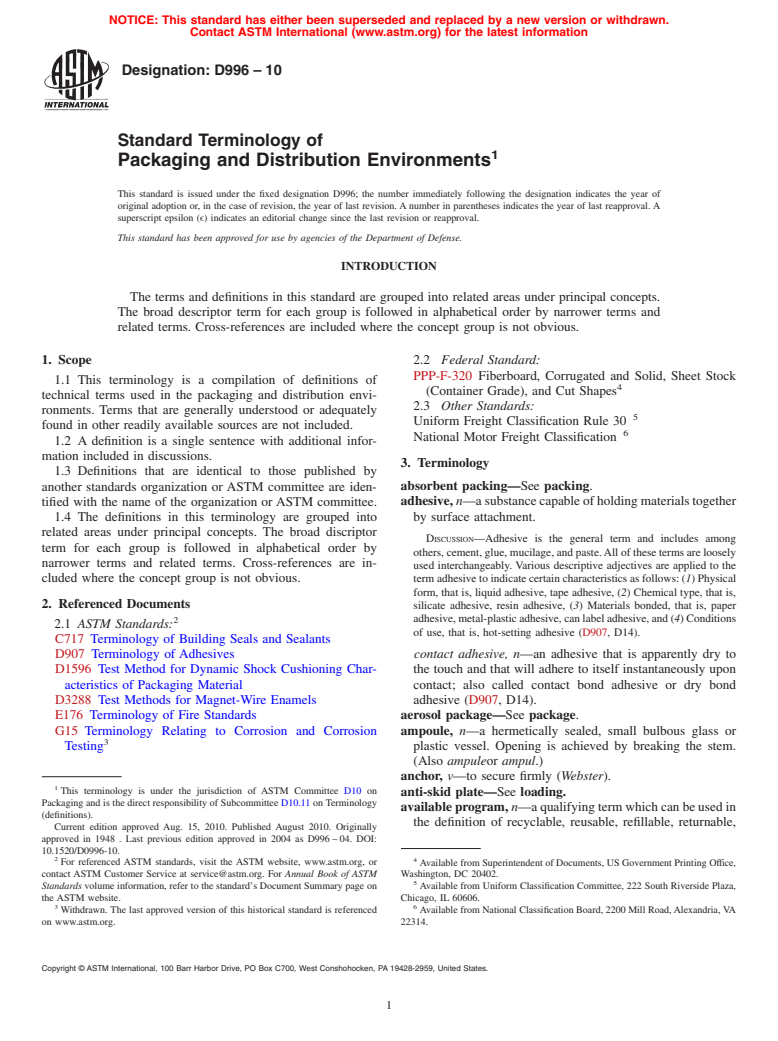 ASTM D996-10 - Standard Terminology of Packaging and Distribution Environments