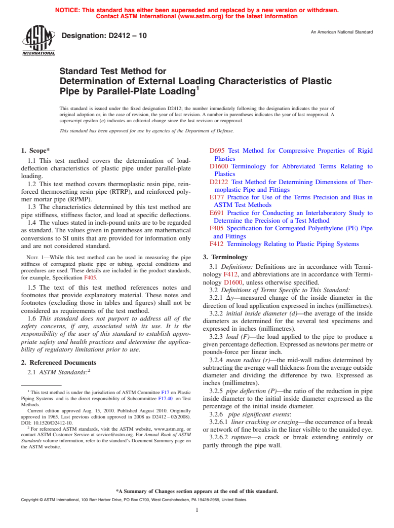 ASTM D2412-10 - Standard Test Method for  Determination of External Loading Characteristics of Plastic Pipe by Parallel-Plate Loading