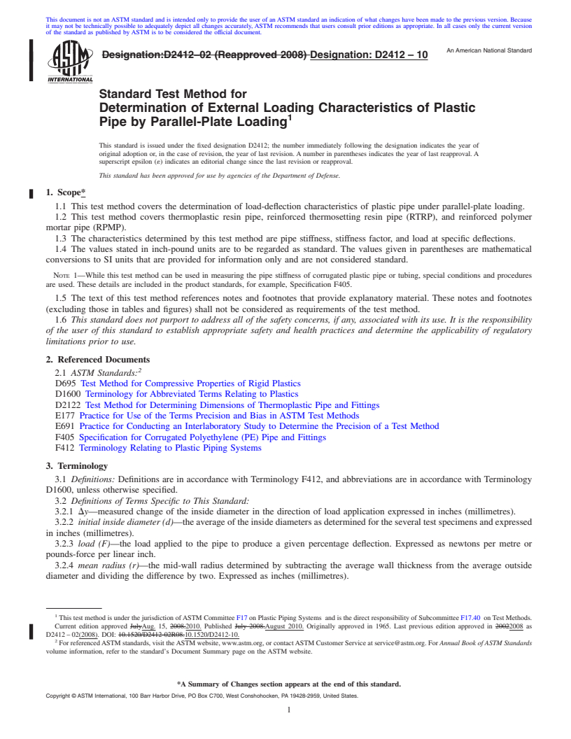 REDLINE ASTM D2412-10 - Standard Test Method for  Determination of External Loading Characteristics of Plastic Pipe by Parallel-Plate Loading