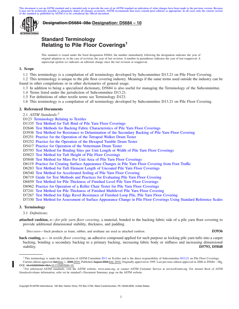 REDLINE ASTM D5684-10 - Standard Terminology Relating to Pile Floor Coverings