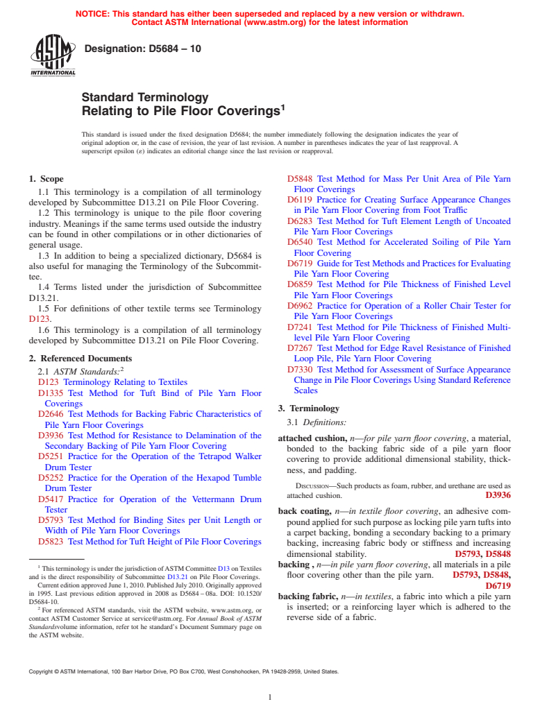 ASTM D5684-10 - Standard Terminology Relating to Pile Floor Coverings