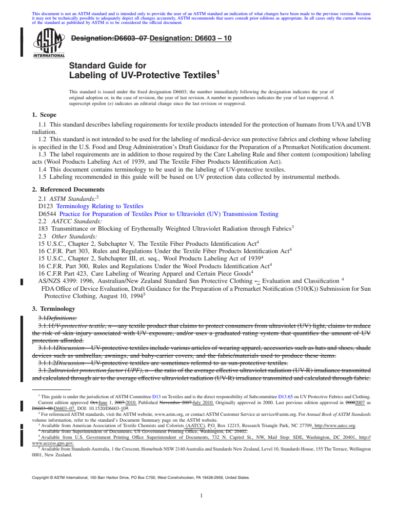 REDLINE ASTM D6603-10 - Standard Guide for Labeling of UV-Protective Textiles