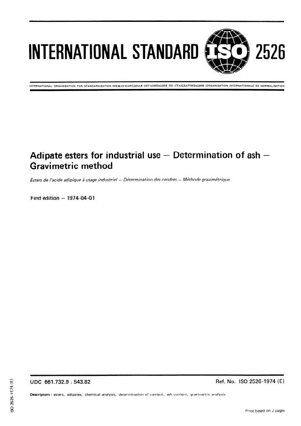 ISO 2526:1974 - Adipate esters for industrial use -- Determination of ash -- Gravimetric method