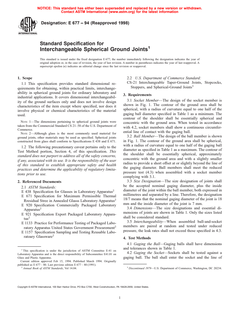 ASTM E677-94(1998) - Standard Specification for Interchangeable Spherical Ground Joints