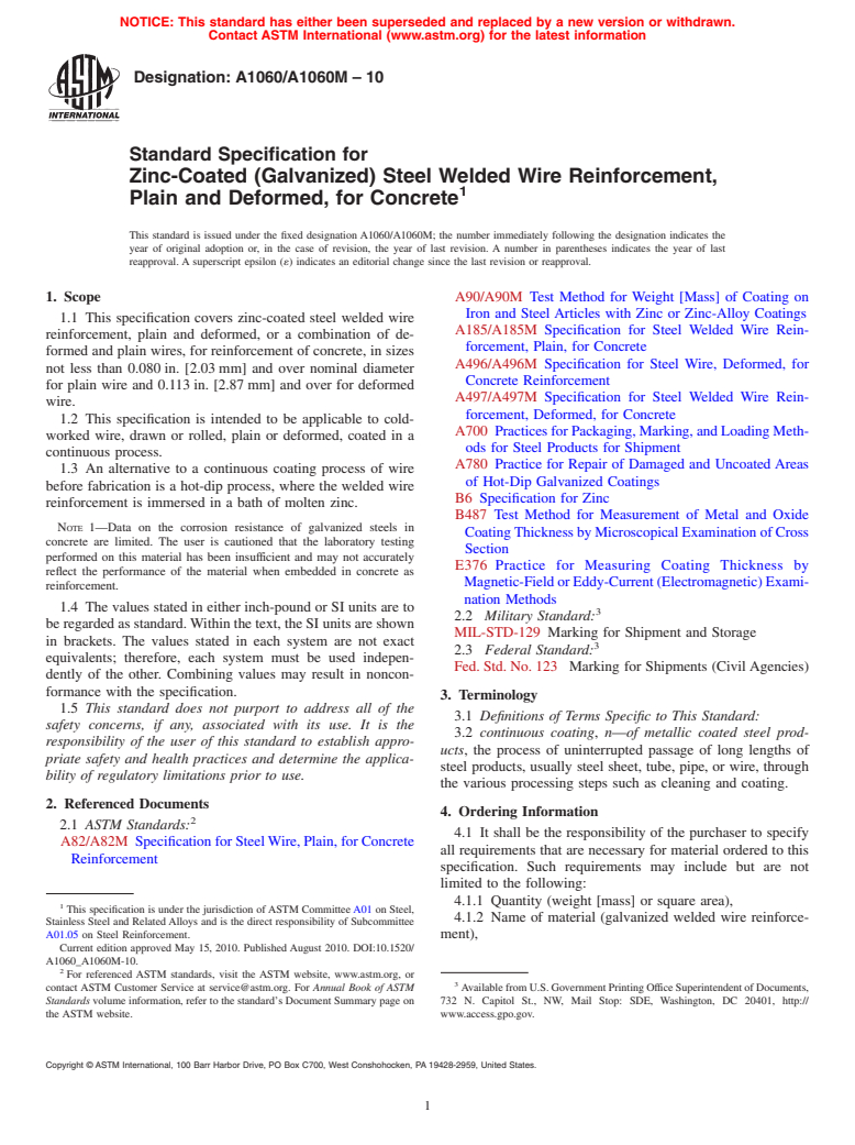 ASTM A1060/A1060M-10 - Standard Specification for Zinc-Coated (Galvanized) Steel Welded Wire Reinforcement, Plain and Deformed, for Concrete