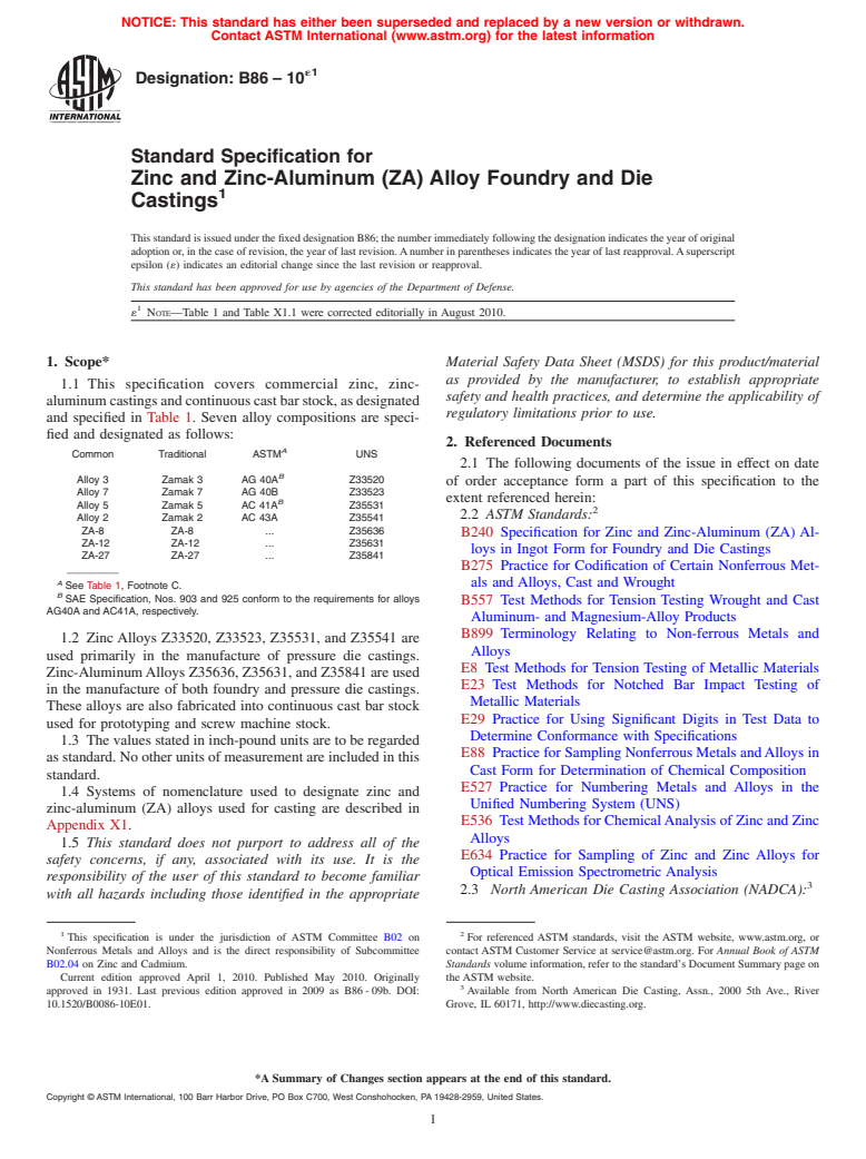 ASTM B86-10e1 - Standard Specification for Zinc and Zinc-Aluminum (ZA) Alloy Foundry and Die Castings