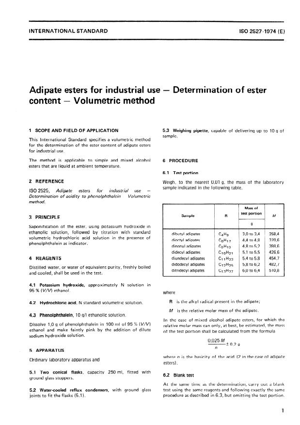 ISO 2527:1974 - Adipate esters for industrial use -- Determination of ester content -- Volumetric method