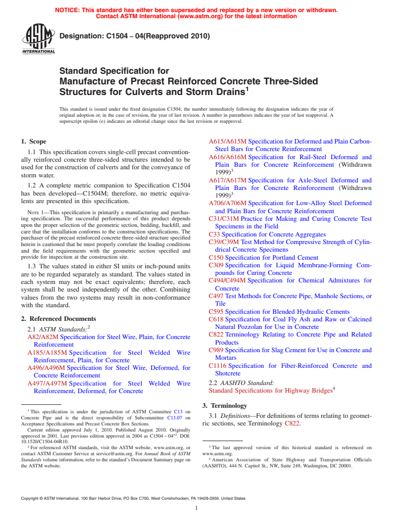 ASTM C1504-04(2010) - Standard Specification for Manufacture of Precast Reinforced Concrete Three-Sided Structures for Culverts and Storm Drains