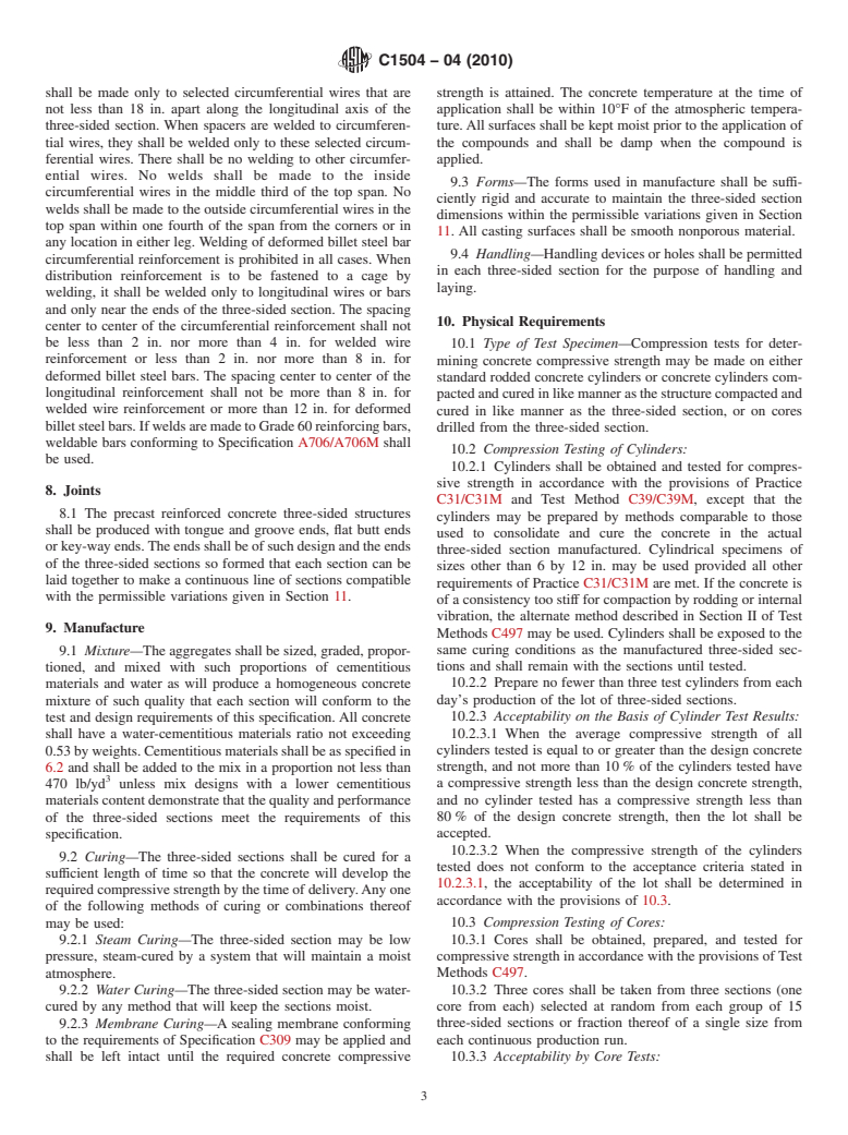 ASTM C1504-04(2010) - Standard Specification for Manufacture of Precast Reinforced Concrete Three-Sided Structures for Culverts and Storm Drains