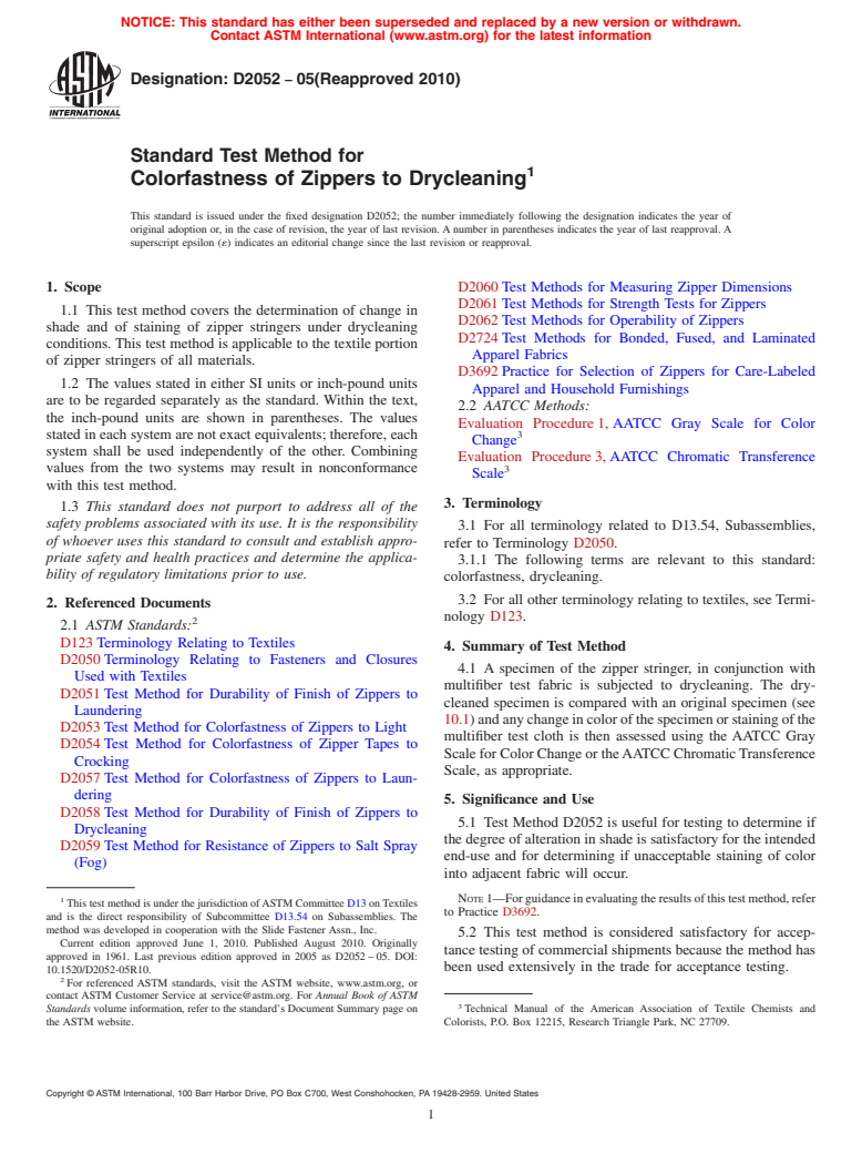 ASTM D2052-05(2010) - Standard Test Method for Colorfastness of Zippers to Drycleaning