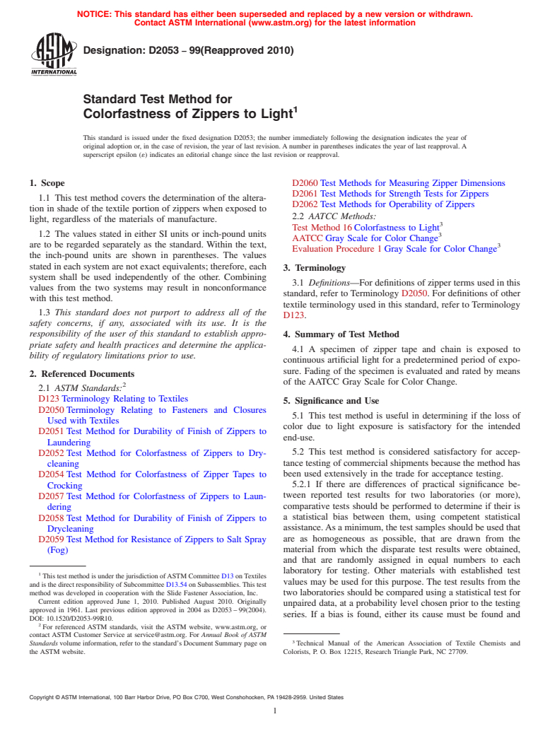 ASTM D2053-99(2010) - Standard Test Method for Colorfastness of Zippers to Light