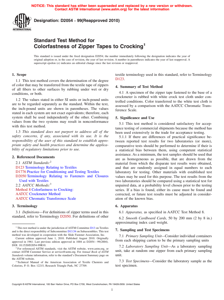 ASTM D2054-99(2010) - Standard Test Method for Colorfastness of Zipper Tapes to Crocking