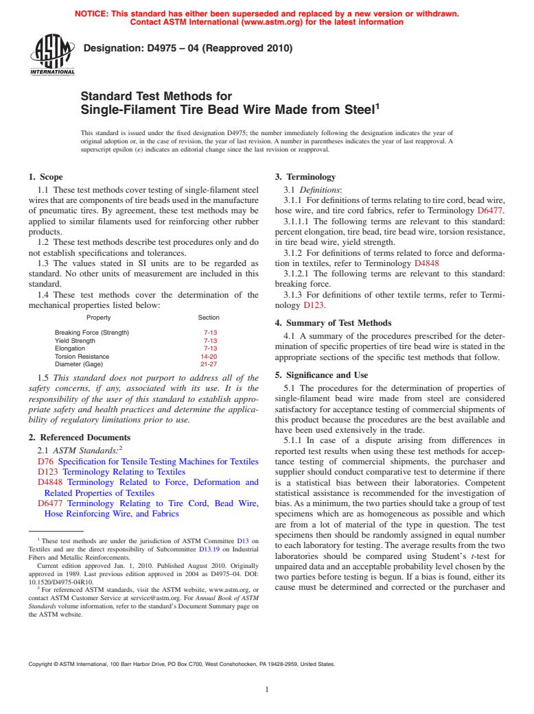 ASTM D4975-04(2010) - Standard Test Methods for Single-Filament Tire Bead Wire Made from Steel