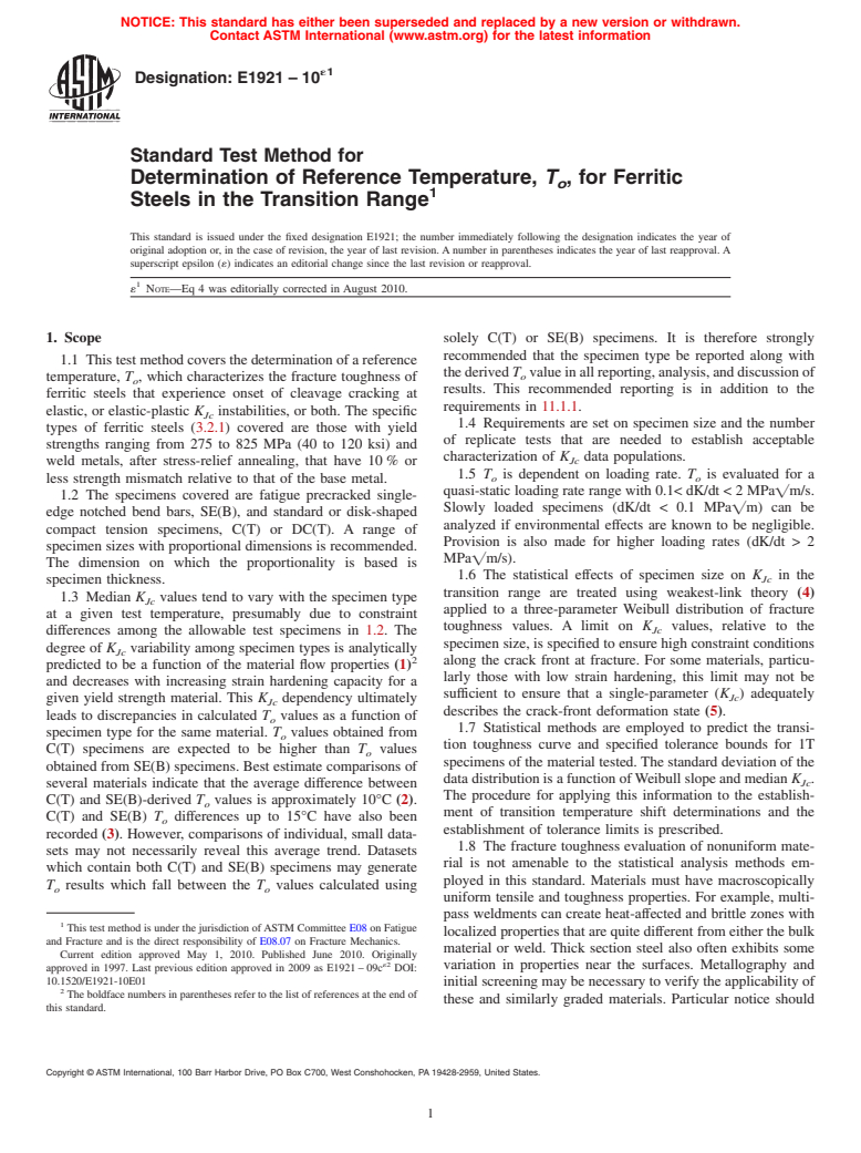 ASTM E1921-10e1 - Standard Test Method for Determination of Reference Temperature, <span class="bdit">T<sub>o</sub></span>, for Ferritic Steels in the Transition Range