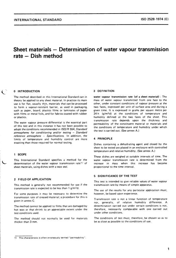 ISO 2528:1974 - Sheet materials -- Determination of water vapour transmission rate -- Dish method