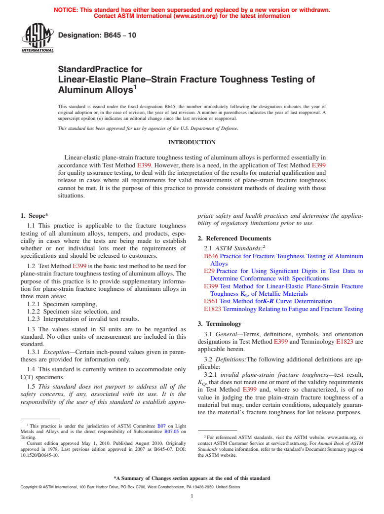 ASTM B645-10 - Standard Practice for Linear-Elastic Plane-Strain Fracture Toughness Testing of Aluminum Alloys