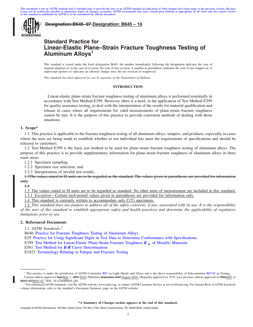 REDLINE ASTM B645-10 - Standard Practice for Linear-Elastic Plane-Strain Fracture Toughness Testing of Aluminum Alloys