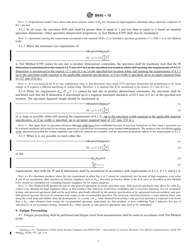 REDLINE ASTM B645-10 - Standard Practice for Linear-Elastic Plane-Strain Fracture Toughness Testing of Aluminum Alloys