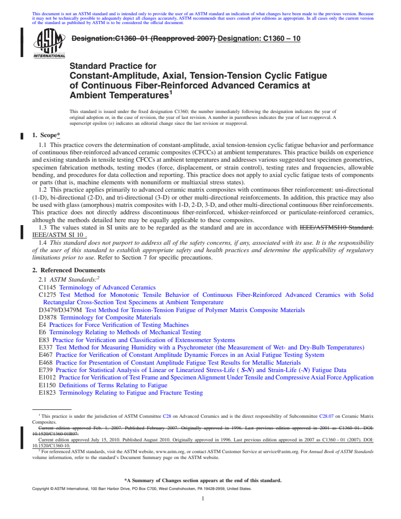 REDLINE ASTM C1360-10 - Standard Practice for Constant-Amplitude, Axial, Tension-Tension Cyclic Fatigue of Continuous Fiber-Reinforced Advanced Ceramics at Ambient Temperatures