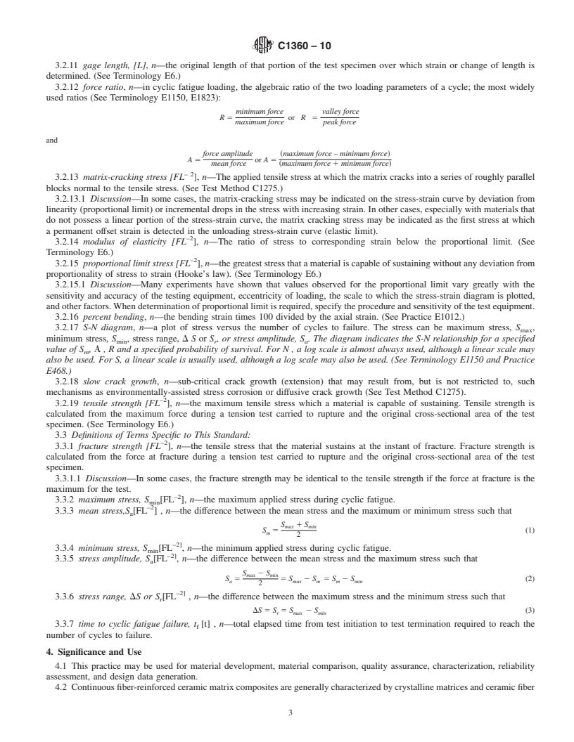 REDLINE ASTM C1360-10 - Standard Practice for Constant-Amplitude, Axial, Tension-Tension Cyclic Fatigue of Continuous Fiber-Reinforced Advanced Ceramics at Ambient Temperatures