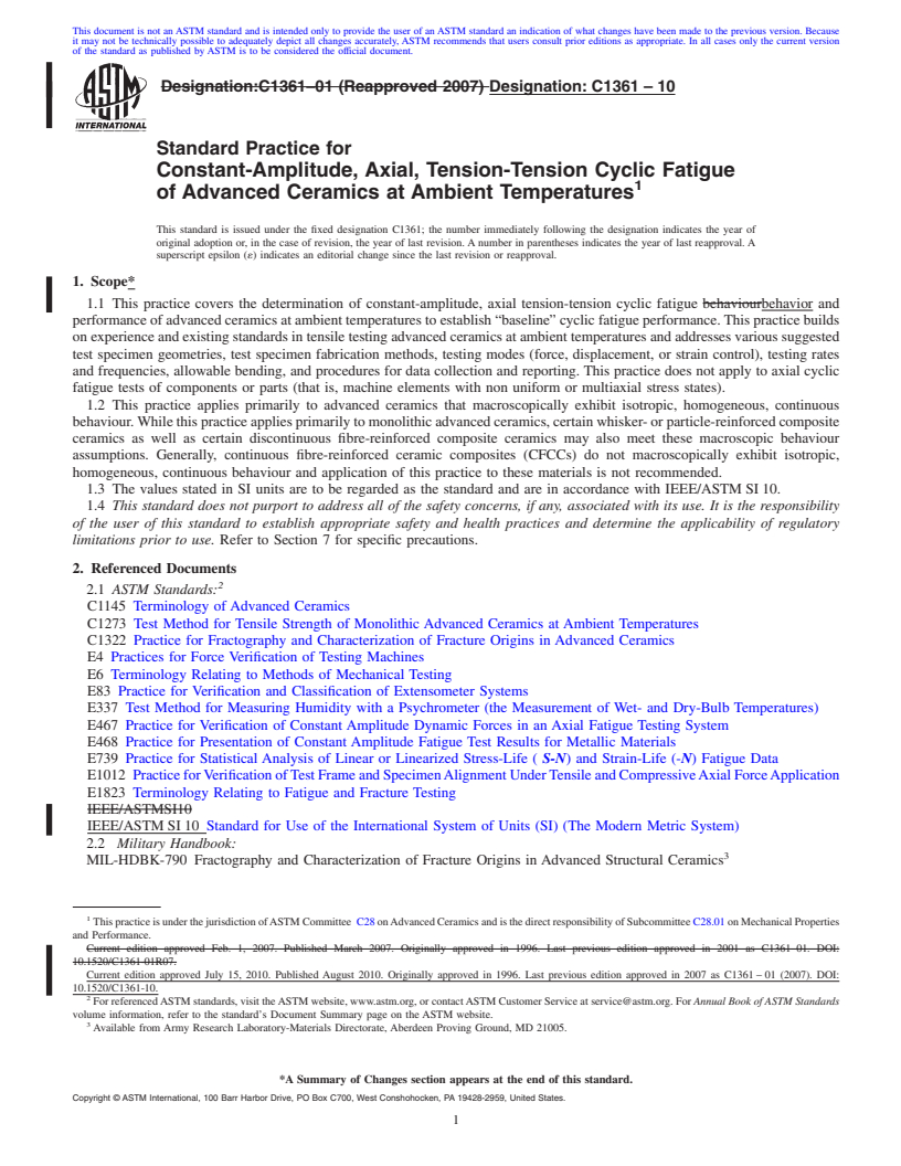 REDLINE ASTM C1361-10 - Standard Practice for Constant-Amplitude, Axial, Tension-Tension Cyclic Fatigue of Advanced Ceramics at Ambient Temperatures