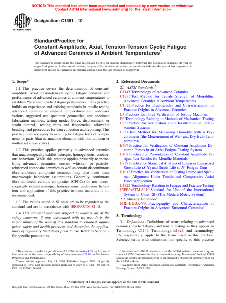 ASTM C1361-10 - Standard Practice for Constant-Amplitude, Axial, Tension-Tension Cyclic Fatigue of Advanced Ceramics at Ambient Temperatures