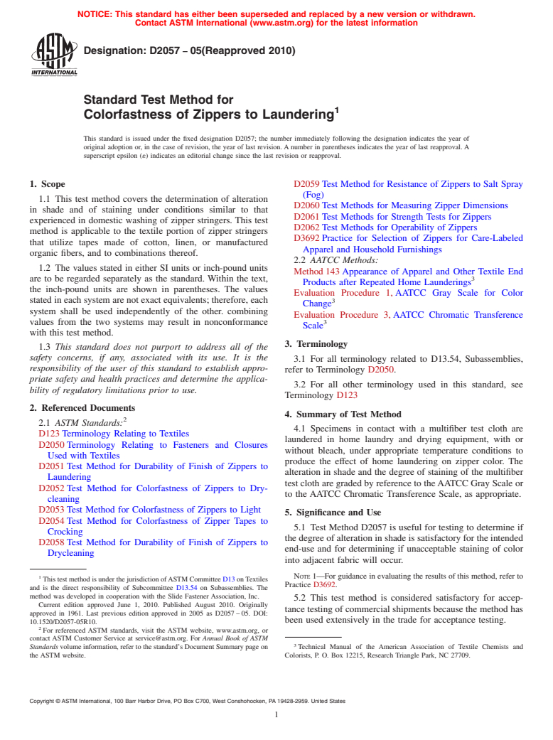 ASTM D2057-05(2010) - Standard Test Method for Colorfastness of Zippers to Laundering