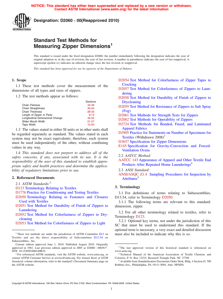 ASTM D2060-00(2010) - Standard Test Methods for Measuring Zipper Dimensions