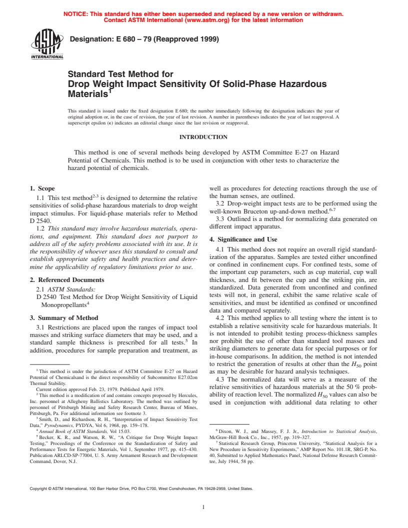 ASTM E680-79(1999) - Standard Test Method for Drop Weight Impact Sensitivity Of Solid-Phase Hazardous Materials