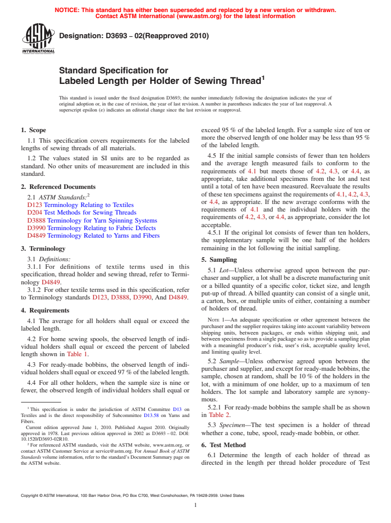 ASTM D3693-02(2010) - Standard Specification for Labeled Length per Holder of Sewing Thread