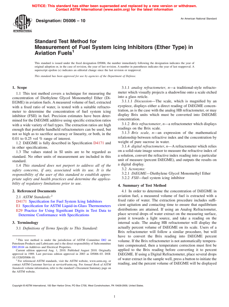 ASTM D5006-10 - Standard Test Method for Measurement of Fuel System Icing Inhibitors (Ether Type) in Aviation Fuels