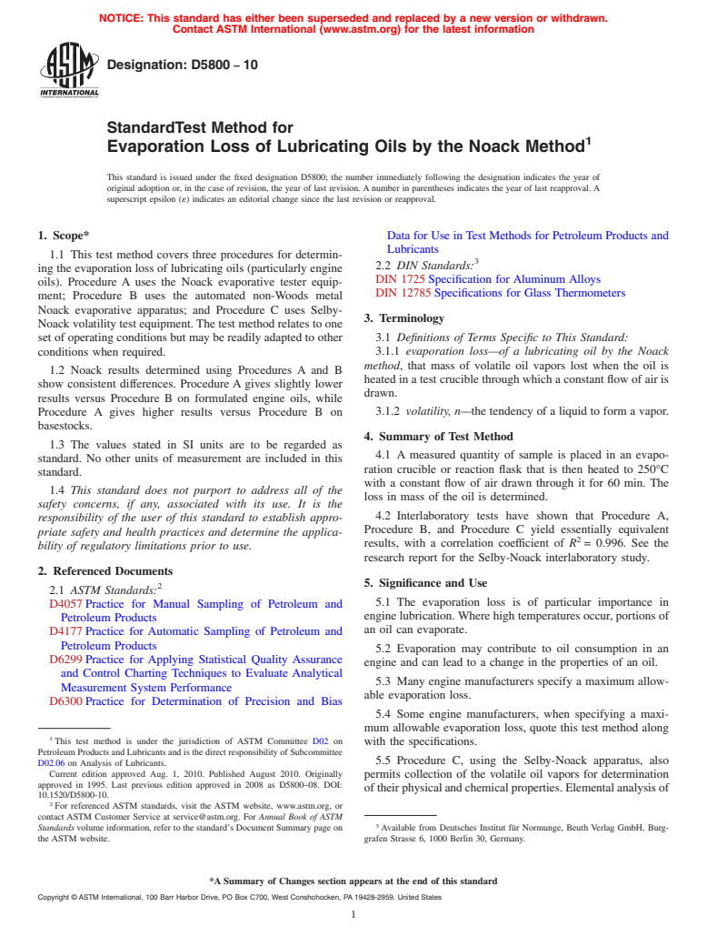 ASTM D5800-10 - Standard Test Method for Evaporation Loss of Lubricating Oils by the Noack Method