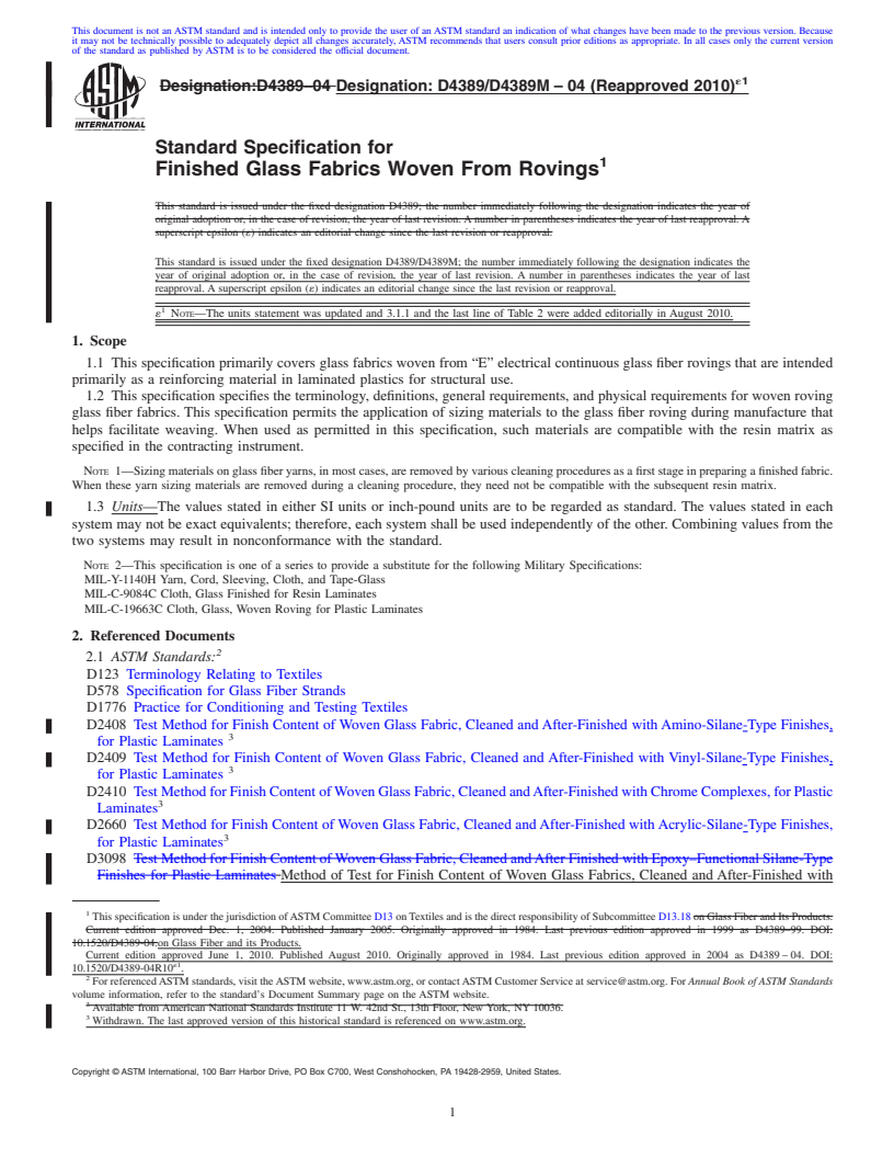 REDLINE ASTM D4389/D4389M-04(2010)e1 - Standard Specification for Finished Glass Fabrics Woven From Rovings