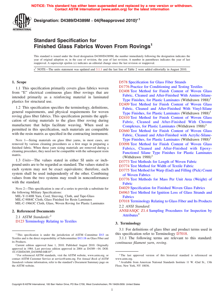 ASTM D4389/D4389M-04(2010)e1 - Standard Specification for Finished Glass Fabrics Woven From Rovings