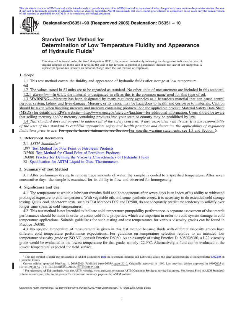 REDLINE ASTM D6351-10 - Standard Test Method for Determination of Low Temperature Fluidity and Appearance of Hydraulic Fluids