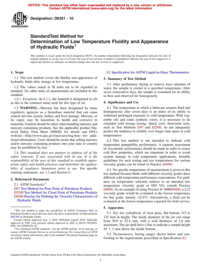 ASTM D6351-10 - Standard Test Method for Determination of Low Temperature Fluidity and Appearance of Hydraulic Fluids