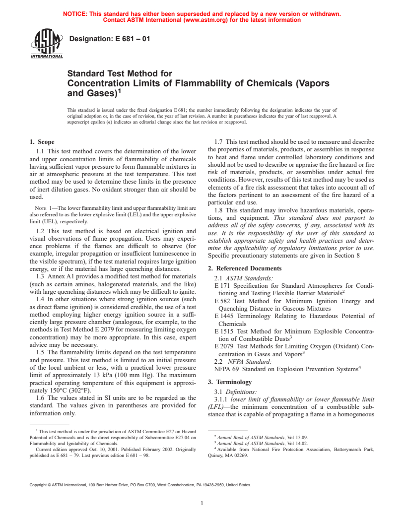 ASTM E681-01 - Standard Test Method for Concentration Limits of Flammability of Chemicals (Vapors and Gases)