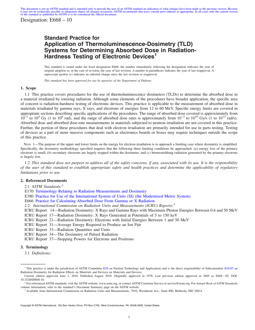 REDLINE ASTM E668-10 - Standard Practice for Application of Thermoluminescence-Dosimetry (TLD) Systems for Determining Absorbed Dose in Radiation-Hardness Testing of Electronic Devices