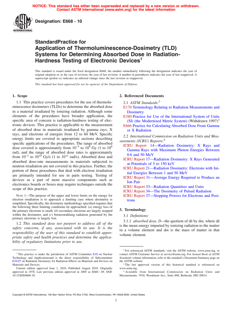 ASTM E668-10 - Standard Practice for Application of Thermoluminescence-Dosimetry (TLD) Systems for Determining Absorbed Dose in Radiation-Hardness Testing of Electronic Devices