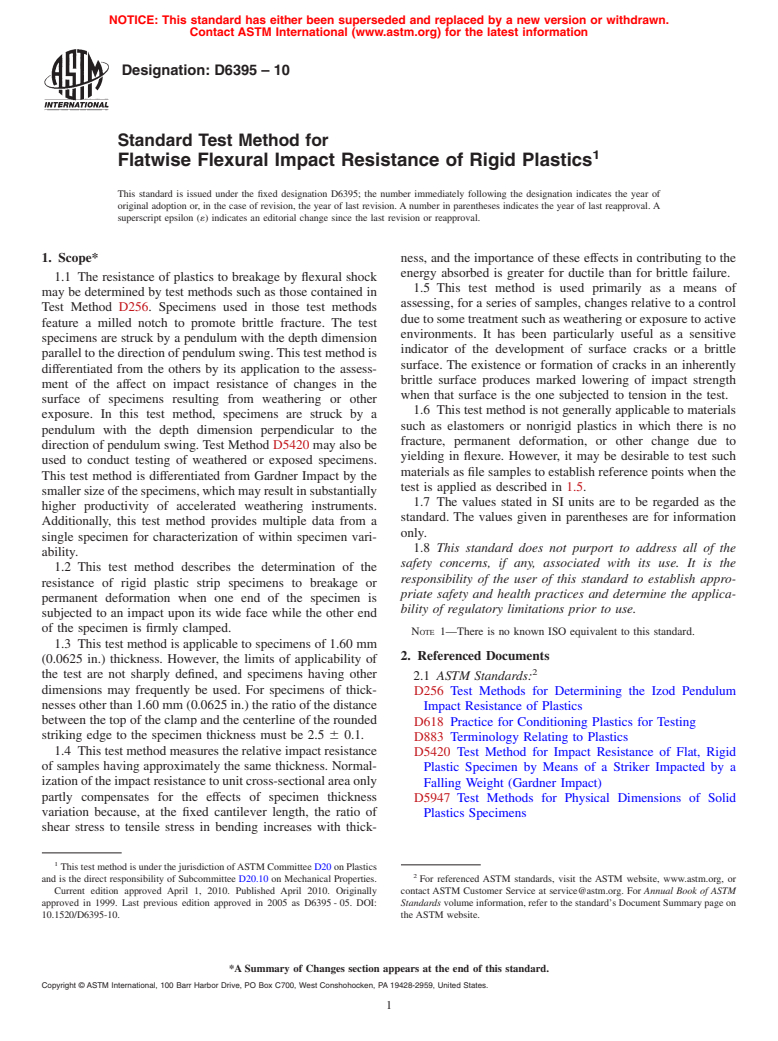 ASTM D6395-10 - Standard Test Method for Flatwise Flexural Impact Resistance of Rigid Plastics